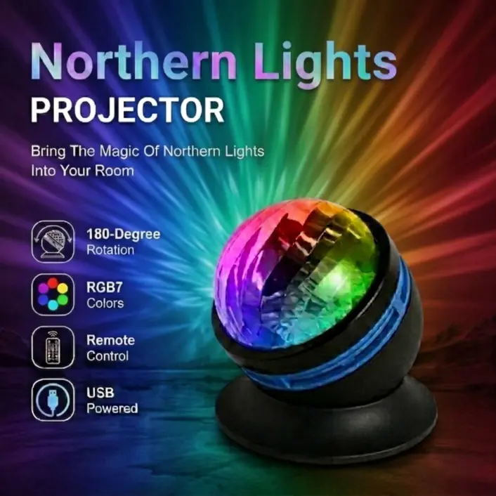 Northern Lights Projector, RGB 7-Color Aurora Projector Light with 180° Adjustable Rotation, Remote Control, USB Powered, Ambient Mood Light for Bedroom, Gaming Room, Party & Home Decor