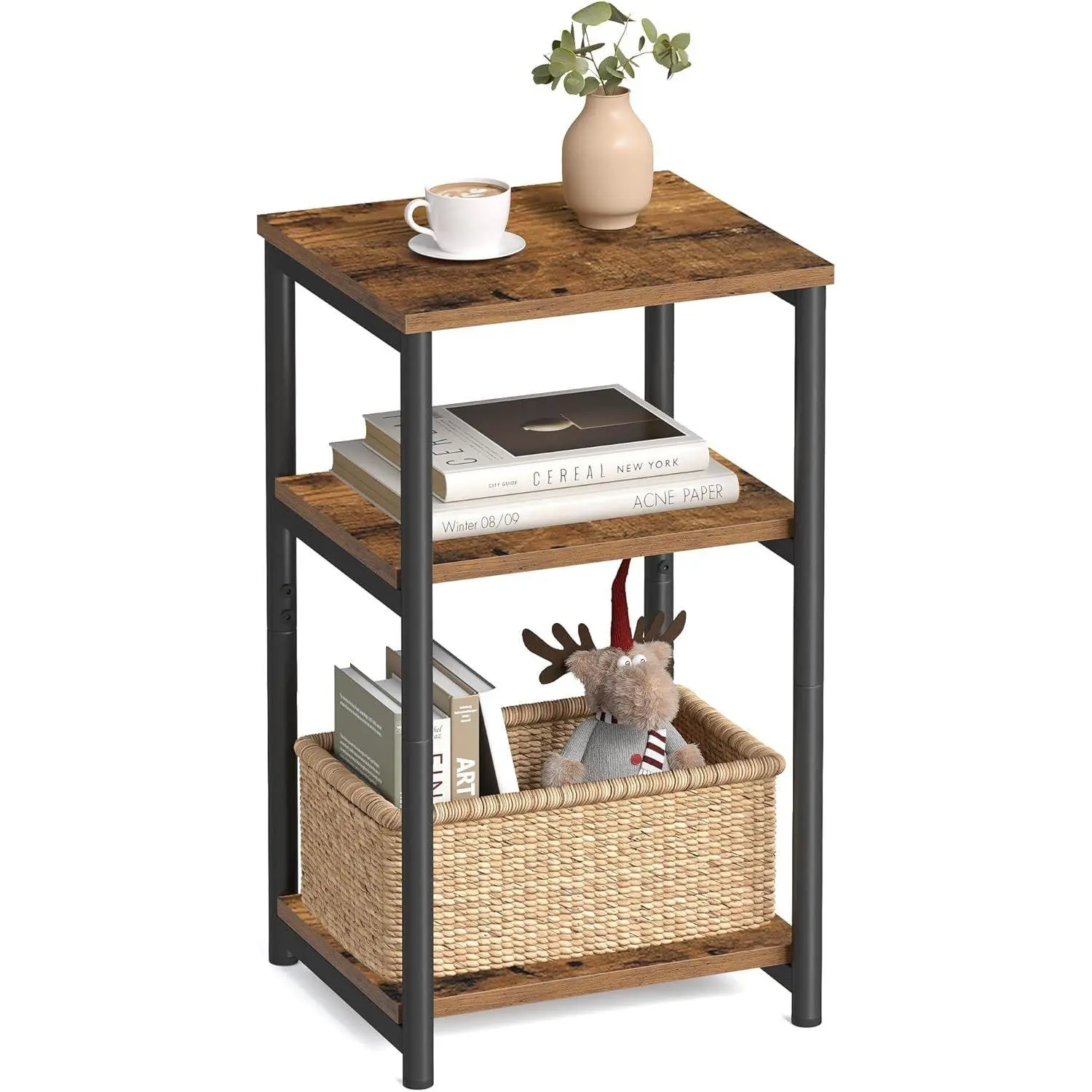 VASAGLE BARNET Collection - Side Table, Small End Table for Living Room, Modern Tall Nightstand, Bedroom, Office, Bathroom, Steel Frame, Rustic Brown and Ink Black ULET273B01