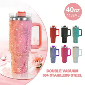 40oz Bling Rhinestone Tumbler with Handle & Straw, Full Diamond Stainless Steel Insulated Cup, Sparkly Glitter Travel Mug for Car, Women Gift