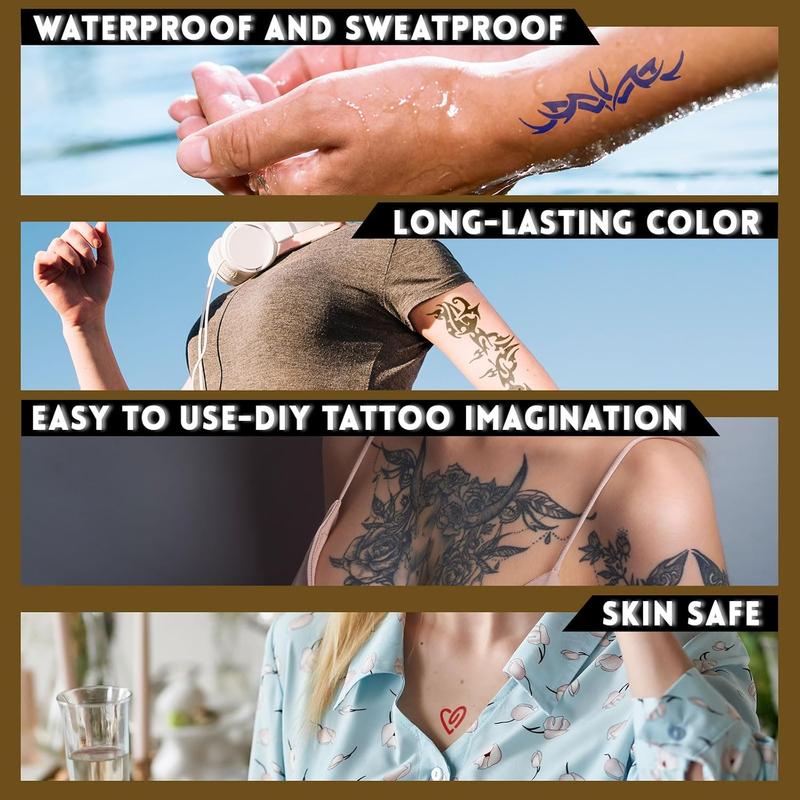 Temporary Tattoo Stencil Kit, 4 Pcs Tattoo Cones 4 Color (Black/Maroon/Cherry Red/Blue) 44 Tattoos Templates and Cotton Swabs, DIY Body Art Skin Painting Designs for Women Men Adult Girl Gifts