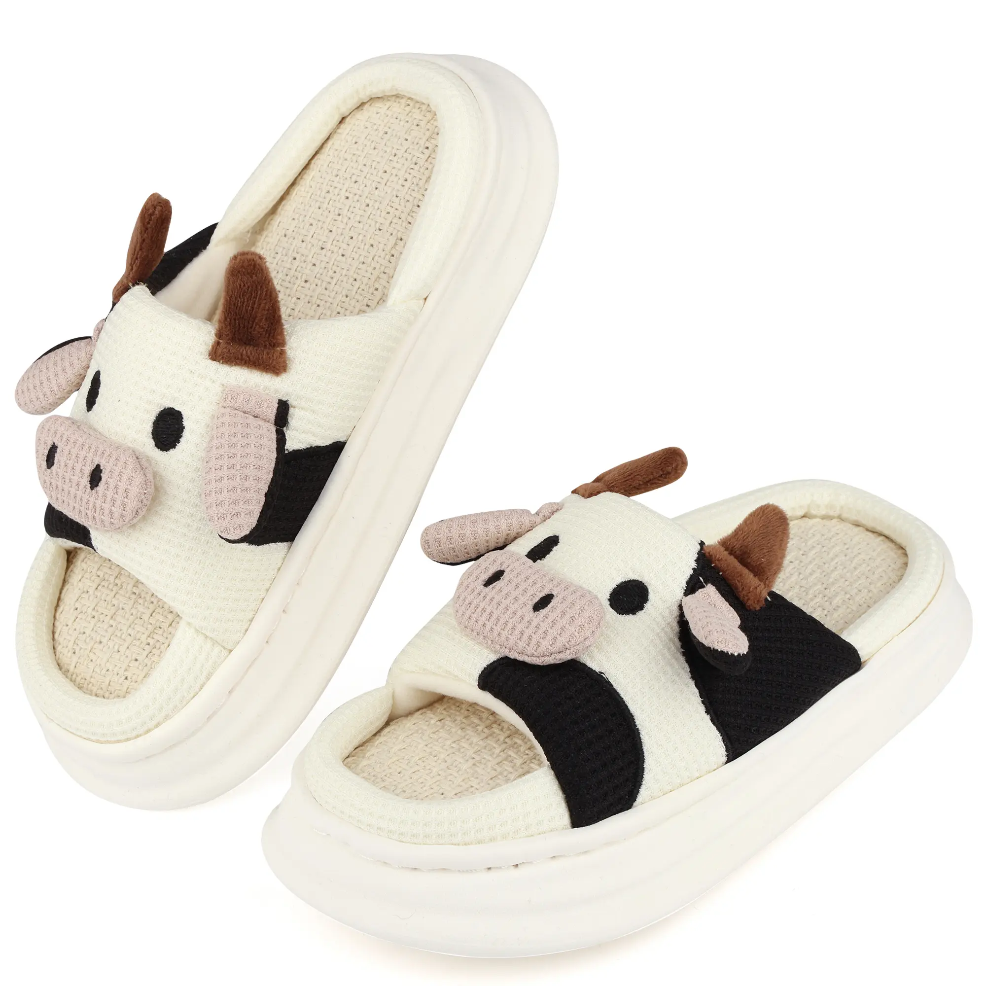 Women ASlippers Slides Cute Cow/Rabbit/Pig/Frog/ Bear Cartoon Cotton flax Memory Foam House Bedroom Slippers for Woman, Cow Slippers, Soft