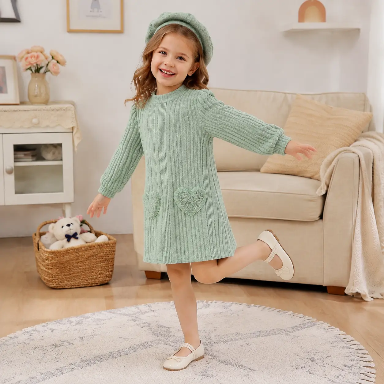 Stylish Sage Green Girls Long Sleeve Ribbed Knit Dress with Matching Beret Hat Set, Cute Plush Heart Pockets & Puff Sleeves, Trendy French Style Autumn Winter Boutique Outfit for Kids 4-7 Years