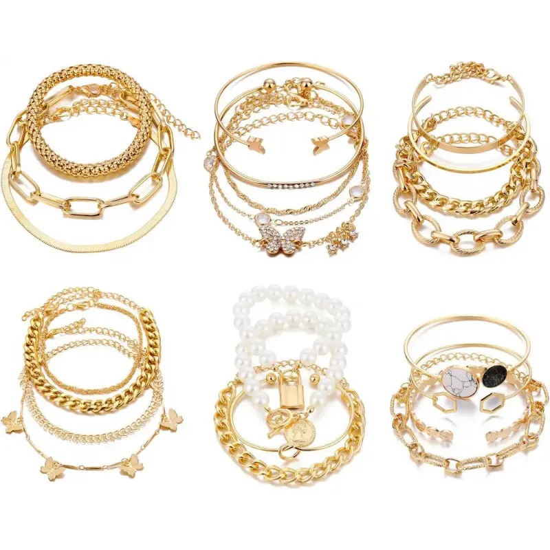 6 Pack (24 PCS) Women's Boho Gold Chain Bracelet Set – 14K Gold Plated Multi-Layered Stackable Open Cuff Bangles, Adjustable Italian Cuban Link Jewelry, Perfect Gift