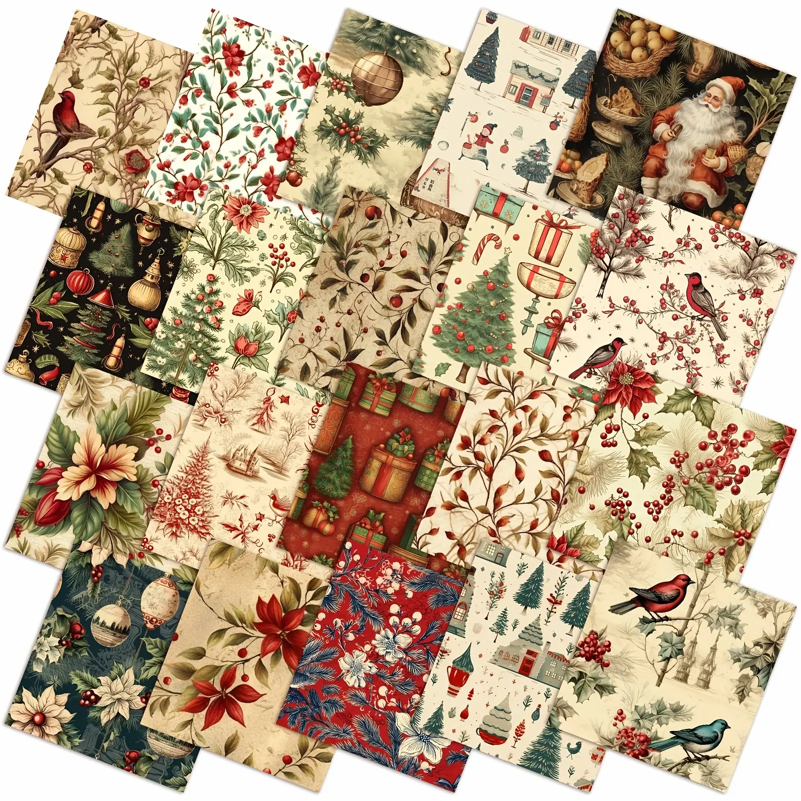 60pcs 10 X 10 Inch Vintage Christmas Quilting Fabric Rustic Christmas Fat Squares Patchwork Precut Strips Santa Claus Red Cardinal Fabric Bundles for Xmas Quilting Crafting DIY Craft Sewing