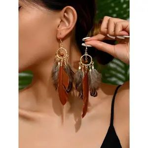1pair Vintage Feather Decor Fashion Dangle Earrings For Daily Wear