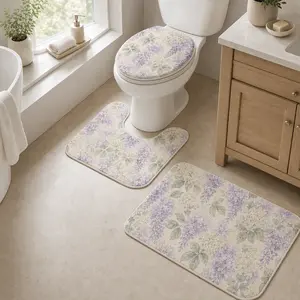 Lavender Floral Bathroom Rug Set 3PCS, Soft Non-Slip Bath Mat, U-Shaped Toilet Rug & Toilet Lid Cover, Watercolor Lavender Botanical Bathroom Decor, Absorbent Washable Bathroom Mats