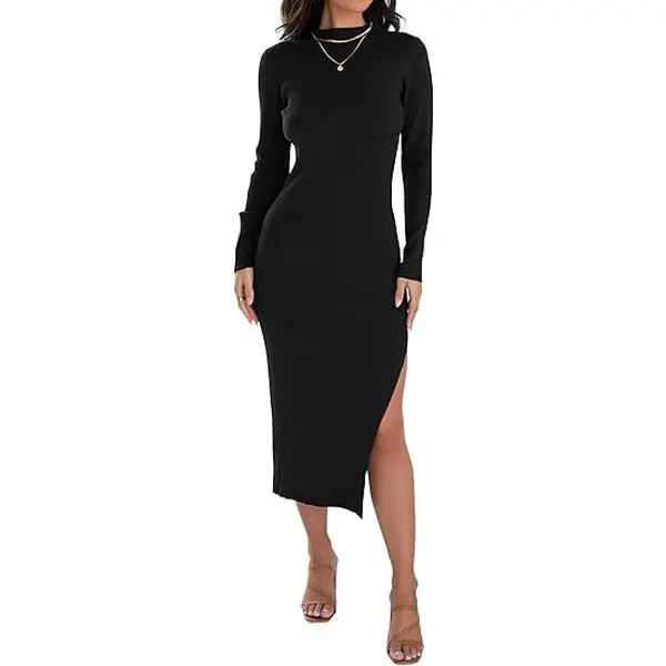 ZESICA Women's 2026 Ribbed Knit Dress Long Sleeve Mock Neck Slim Fit Side Slit Fall Elegant Sweater Dresses
