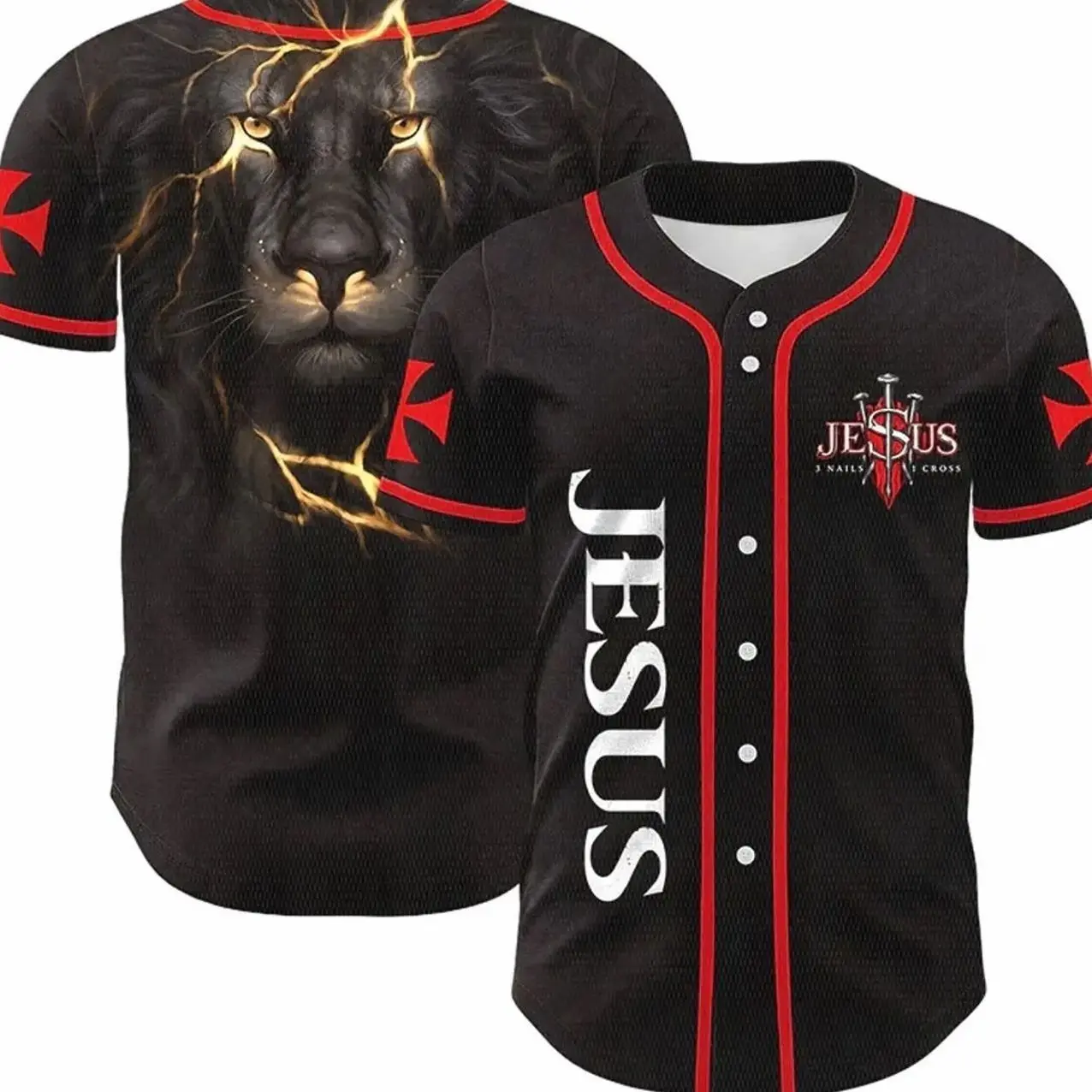 Christianartworkshop Front Vertical Jesus Nail Cross Emblem Back Lightning Lion Of Judah Portrait Button-Up Baseball Jersey CNS