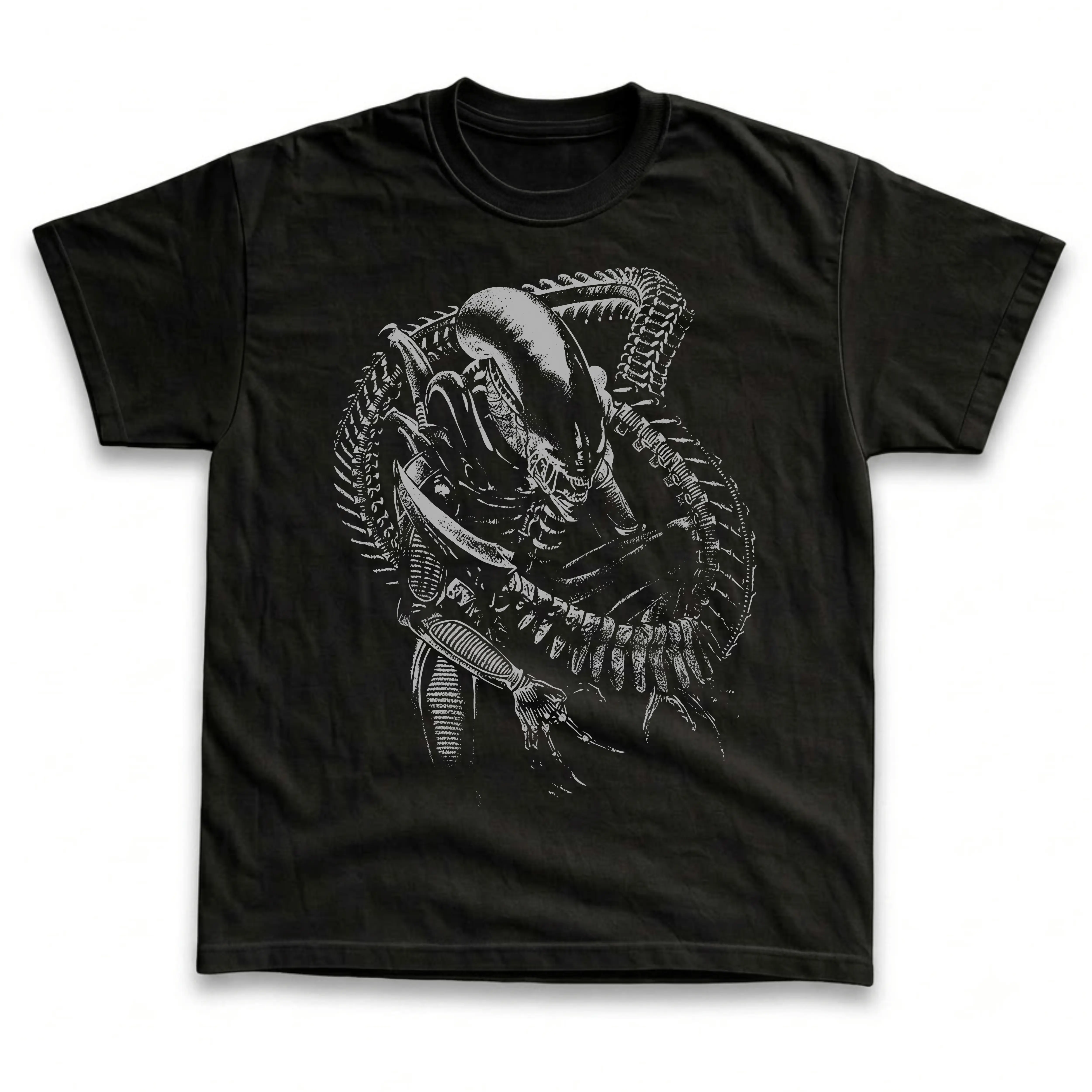 Men's and Women's T-Shirt, Vintage Xenomorph Alien Graphic Tee, HR Giger Ridley Scott Sci-Fi Horror Movie Merch, Biomechanical Monster, Coiled Spined Tail Circle, Elongated Skull Line Art, Spooky Halloween Outfit, Retro Grunge Streetwear, Fan Gift
