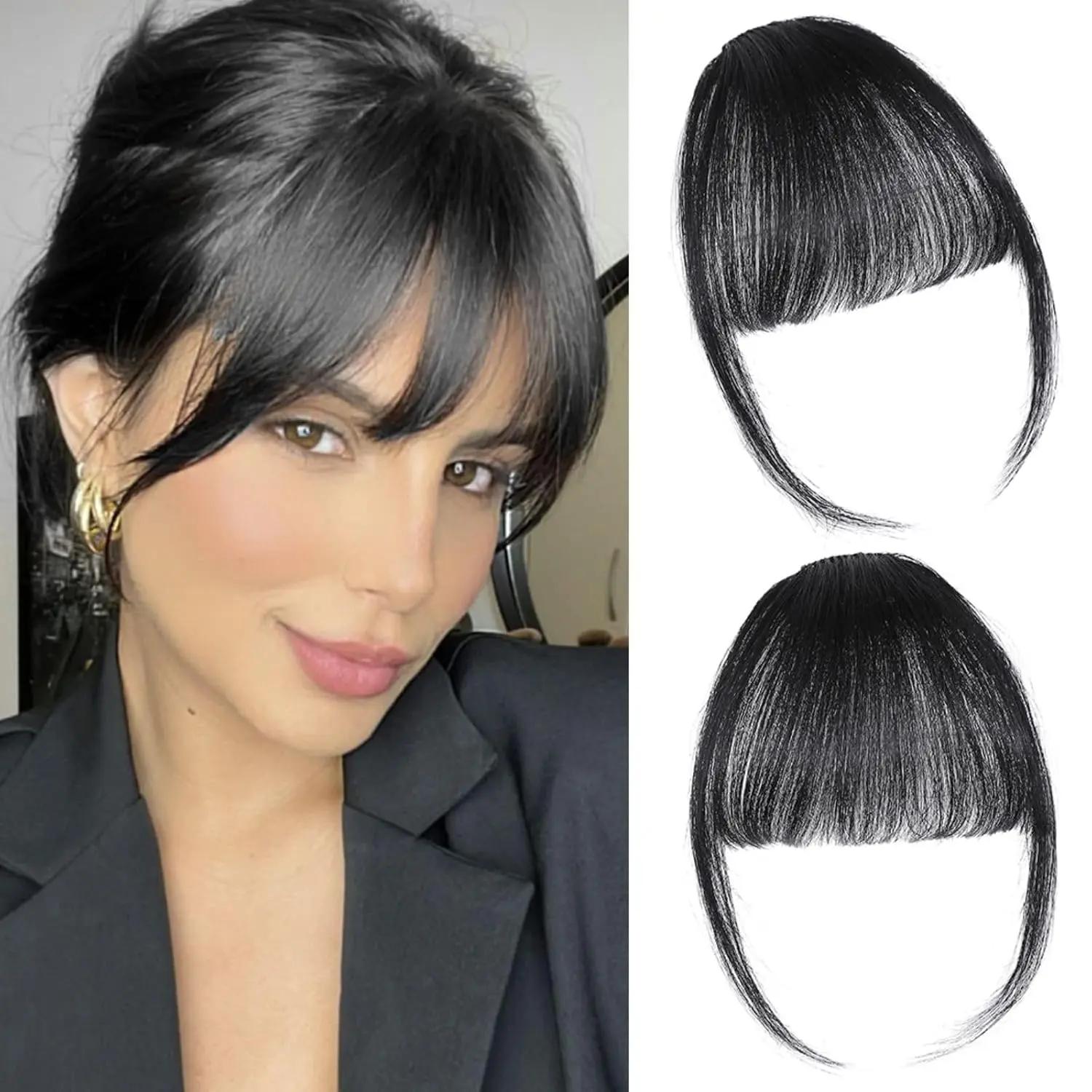 Clip in Bangs, Natural Black Fake Bangs Clip in Hair Extensions French Bangs Fringe with Temples Hairpieces for Women Curved Curtain Bangs for Daily Wear gifts for women summerwins