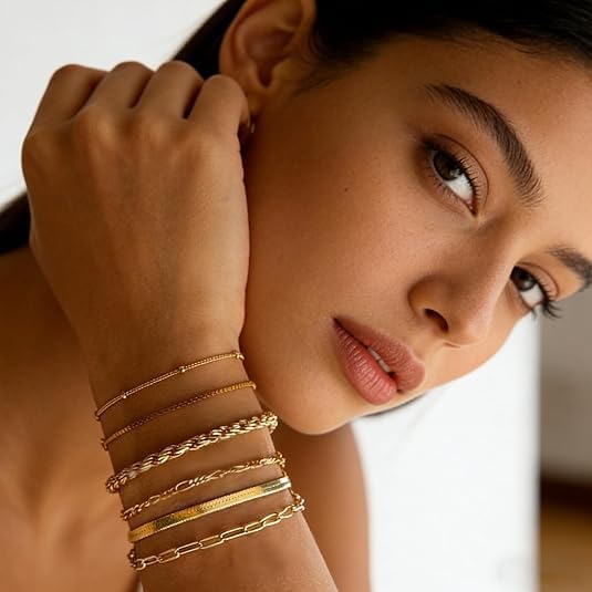 6PCS Elegant Thin Bracelet Set for Women, 14K Gold Plated Stackable Bracelets, Dainty Cuban Link Paperclip Chain Beaded Rope Bracelet, Waterproof Non Tarnish Fashion Jewelry, Trendy Gifts for Women & Teen Girls