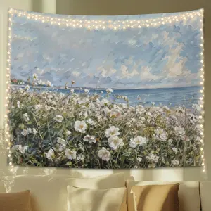 Coastal Wildflower Tapestry, Flower Field Landscape Tapestries Wall Blanket, Preppy Beach Floral Wall Hanging Decor for Teen Girl Women Home Living Room Bedroom, 50x60 Inch