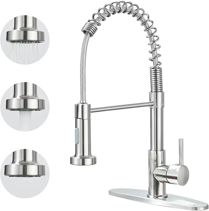 Spring Kitchen Sink Faucet with Pull Down Sprayer Brushed Nickel Stainless Steel 1 Handle Pull Out Spring Sink Faucets 1 Hole Or 3 Hole Dual Function Farmhouse Laundry Utility RV Wet Bar, Matte Black