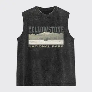 Yellowstone National Park Washed Tank Top, Gym Essential, Vintage Casual Crewneck Sleeveless Menswear T-shirts Classic Cotton Fabric Streetwear