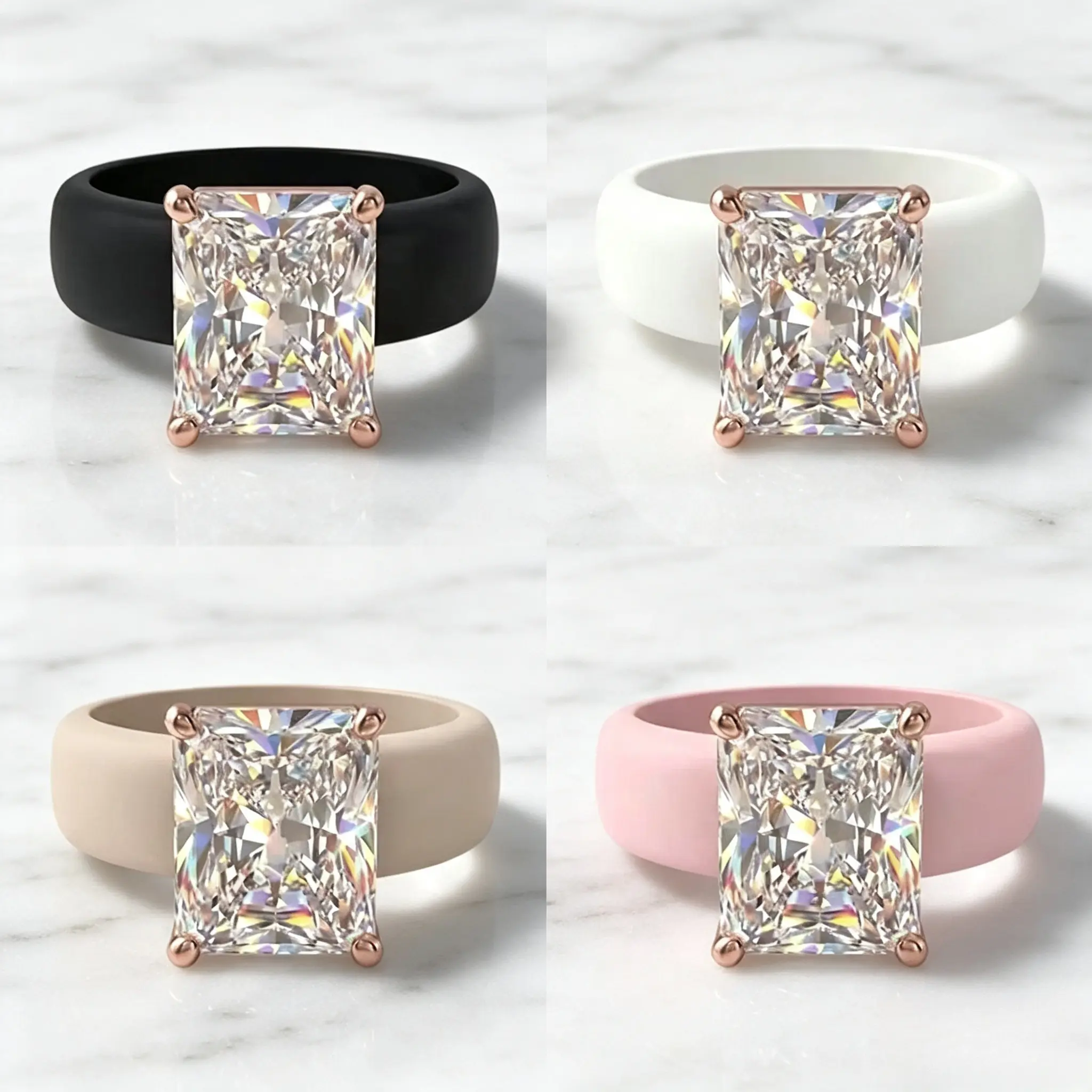 Princess Radiant Cut Simulated Diamond Silicone Engagement Ring, Rose Gold Prong Square Crystal Stackable Rubber Wedding Band, Comfort Fit Soft Silicone Promise Ring For Women Daily Wear, 4 Colors Available Black White Nude Pink