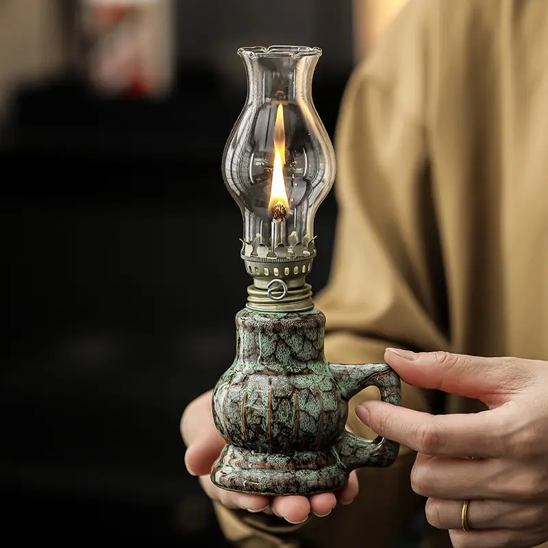 Outdoor Indoor Ceramic Oil Lamp with Handle, Reusable Practical Tea Culture Decorative Candle Holder, Home Decoration Tabletop Oil Lamp, Vintage Decor, Tealight Candle Holder, Tea Light Candles Holder, Tea Light Candle Holders