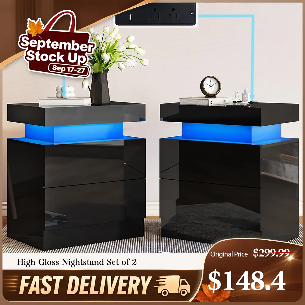 [TWO TABLES IN ONE BOX]VanAcc High Gloss Nightstand Set of 2 with Charging Station, Modern Bedside Table with LED Lights by App and Remote  Control, Sofa End Side Tables with Drawers, Minimalist Night Stand for Bedroom, Living Room #tiktokshopstockup