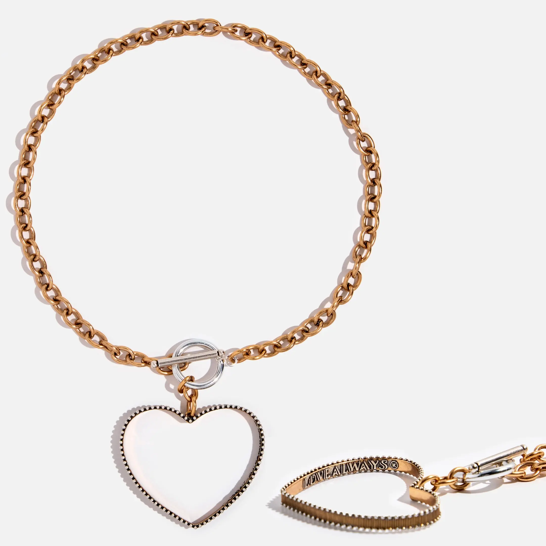 Love Always Open Heart Choker Necklace - Mixed-Metal Design with Large Pendant & Toggle Closure - Available in Gold & Silver Chains - 16.5" & 18" Lengths