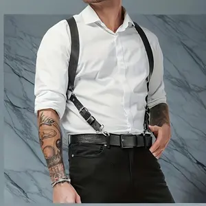 Men'S PVC Chest Harness Suspenders - Punk Rivet Detail with Adjustable Square Buckles, Non-Stretch Shoulder Armour Straps for Clubwear, Party & Rave Outfits - Black