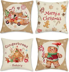 Christmas Gingerbread Throw Pillow Covers 18x18 Inch Man House  Xmas Bakery Decorative Pillows for Couch Sofa  Winter Holiday Decor Set of 4