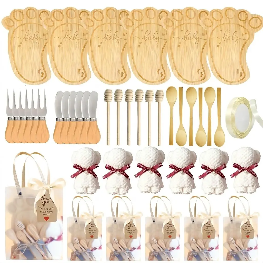 50 Pcs Baby Shower Prizes for Game Winners, Including Footprint Mini Charcuterie Board Set with Cheese Knives, Honey Dippers, Spoons,Fork, Bear Towels, Thank You Tags, Ribbon Bags, Bridal Shower Party Favors for Guests
