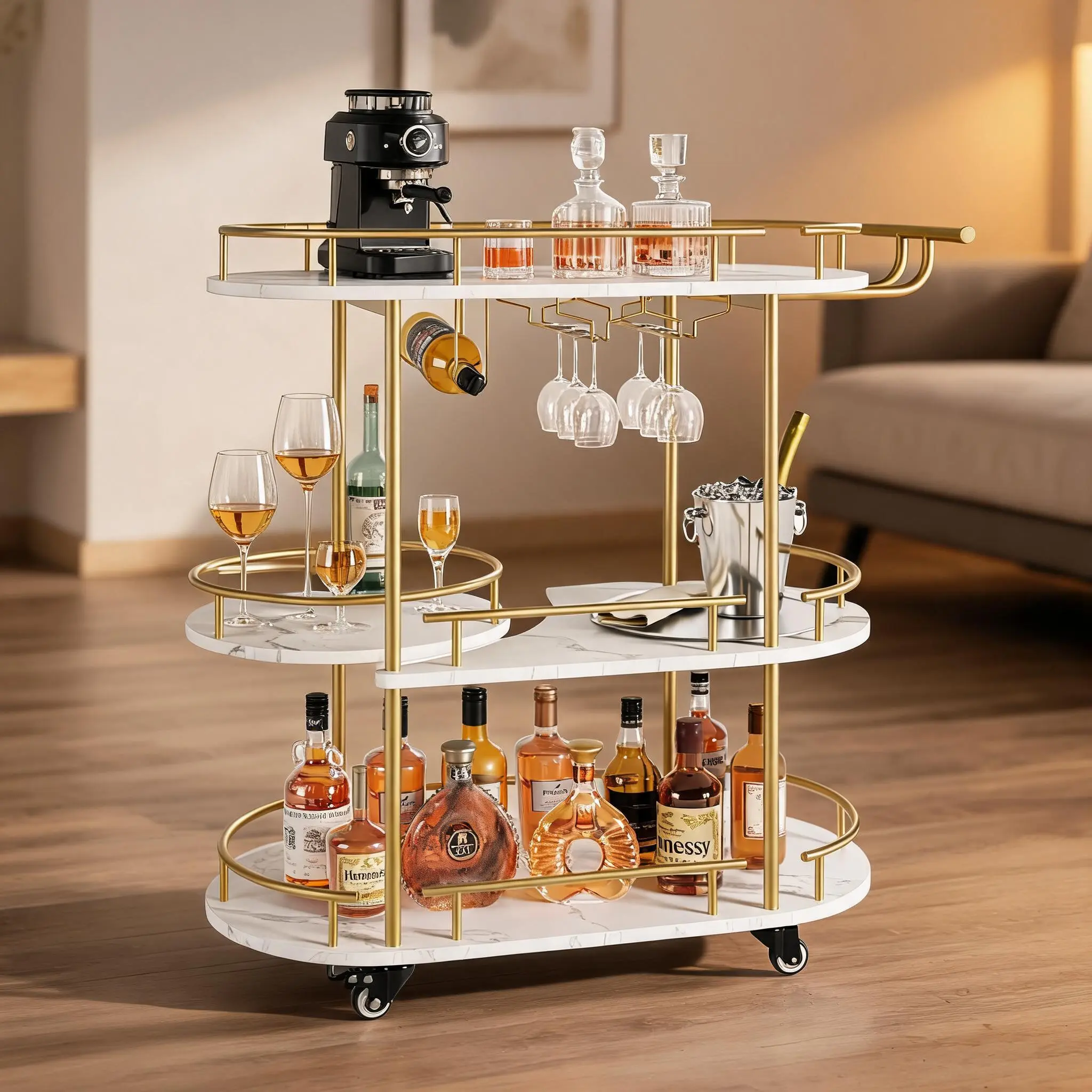 【SummerWins】GARVEE Gold 3-Tier Bar Cart with Wine Rack & Glass Holder – Rolling Serving Cart, Storage Shelves, 360° Rotating Turntable for Kitchen, Dining, Living Room – Ideal for Home Bar, Parties
