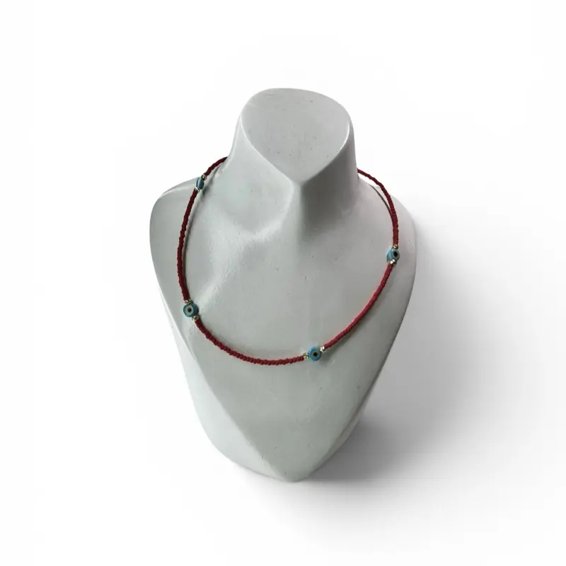 Turkish Eye Costume Jewelry Necklace with Red Bead Fringe, 18cm Collar with Metal Coating for Daily Wear and Cultural Flair