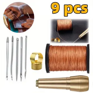 9 Pack Canvas Leather Repair Tool Kit, Including 5 Pcs Needles, 1 Piece of 1968.5 Inch Nylon Thread, 2 Pcs Top Needles, and 1 Pcs Handle, Portable Sewing Cone Needle Set, Leather Sewing Supplies, Used for Shoe and Leather Repair leather craft tool kit