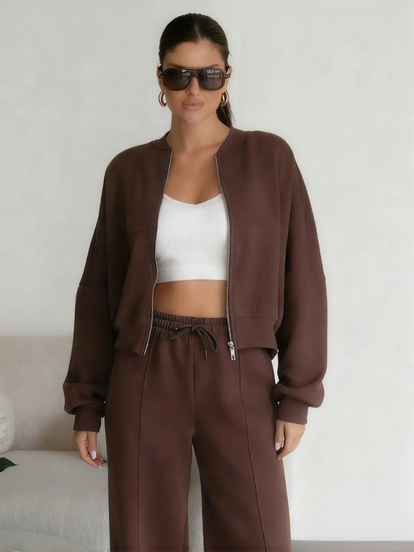 Women's Casual Basic Long Sleeve Zipper Short Jacket and Pants