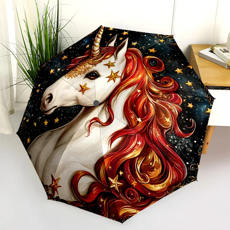 1 PC Automatic Folding Umbrella - Magical Unicorn Fantasy Artwork Pattern, Portable & Foldable Design with 8 Ribs, Merry Christmas Pattern,Casual Outdoor Accessory Halloween and Christmas Birthday Gifts. C0063