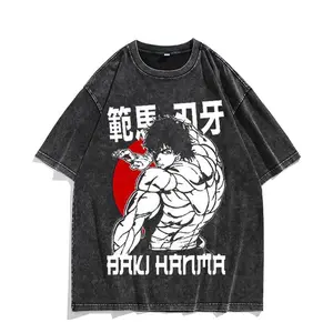 European and American washed old retro animation, Fanma edged teeth Baki Hanma American high street Yujiro 1short-sleeved T-shirt