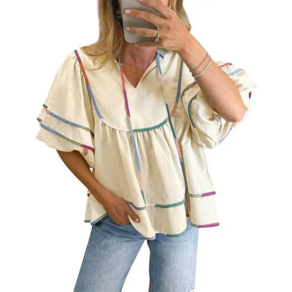 Cicy Bell Women's Summer Blouses for Women - V-Neck Short Flutter Sleeve Elastane Basic Peplum Tops, Modest Cute Loose Flowy Shirts, Classic