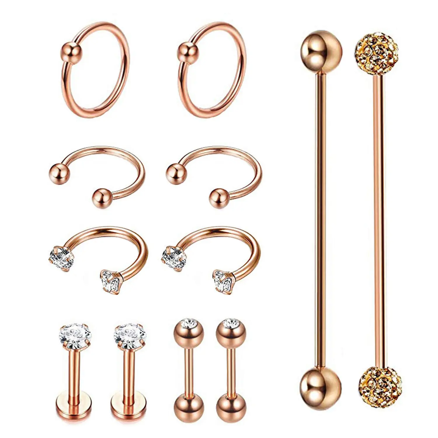 OIDEA Industrial Cartilage Body Jewelry Set 14G 16G 18G 20G 316L Stainless Steel Cubic Zirconia Rhinestone Diamond 12PCS