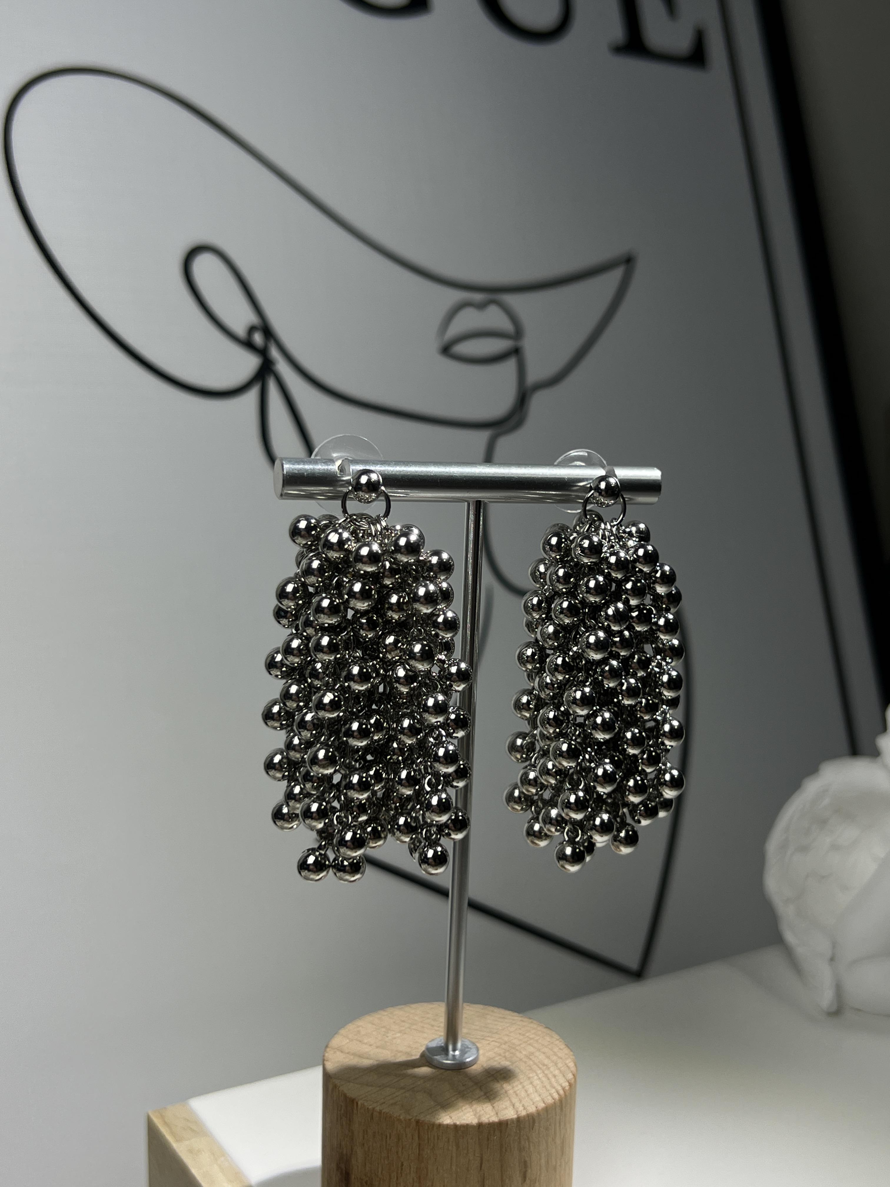 Stainless Steel Silver Grape Bead Tassel Earrings, Minimalist Statement Drop Earrings, Hypoallergenic Party Jewelry for Women