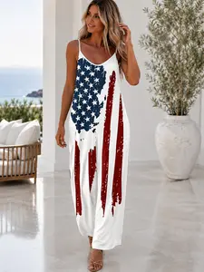 New Women's Printed Casual Sleeveless Tank Top Romper, Adjustable Spaghetti Strap Shoulder Straps, Comfortable Long Pants, Trendy Fashion Wear