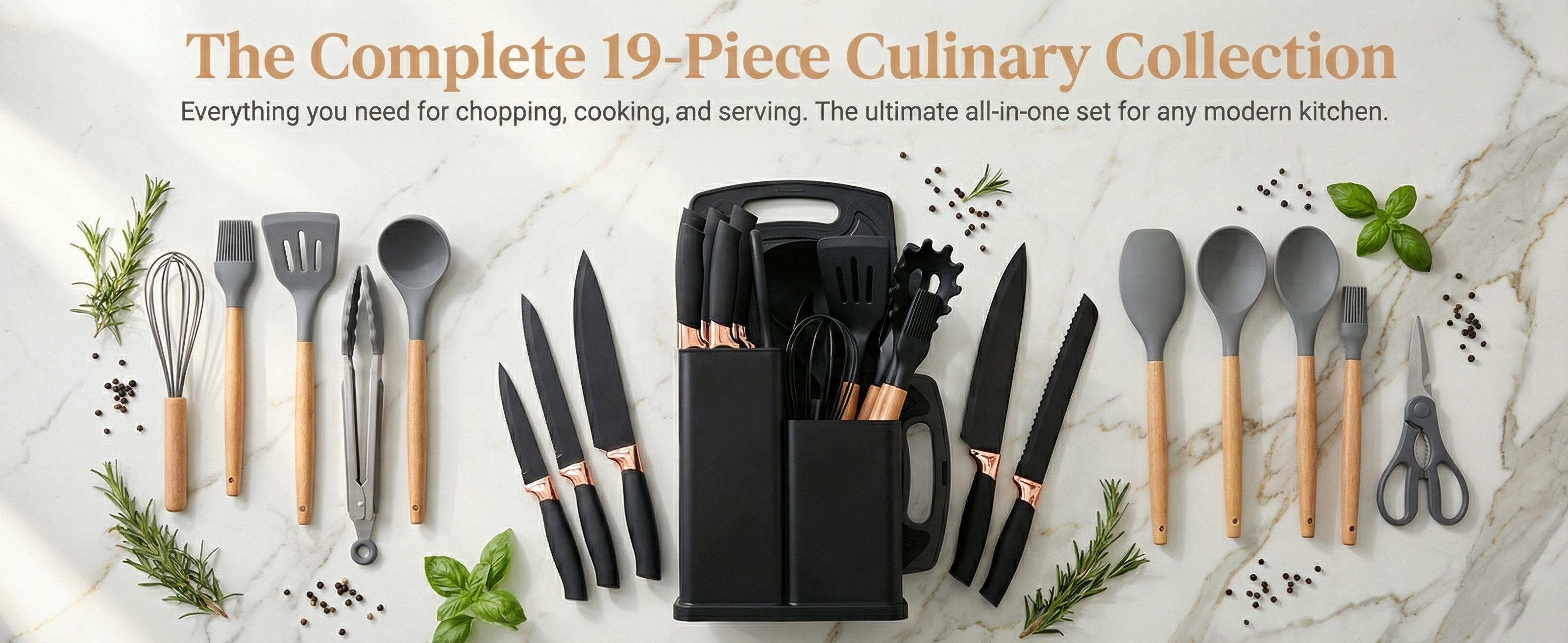19 Piece Kitchenware Utensils and Knife Set- Includes: 9 Piece Silicone Cooking Utensils- 5 Piece Sharp Stainless Steel Chef Knives- Scissors -Whisk Tongs and Cutting Board (Gray) 19 Piece Kitchenware Utensils and Knife Set- Includes: 9 Piece Silicone Cooking Utensils- 5 Piece Sharp Stainless Steel Chef Knives- Scissors -Whisk Tongs and Cutting Board (Gray)