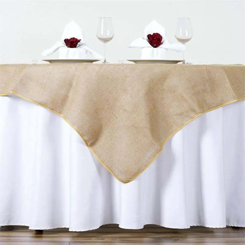 Natural Rustic Burlap Jute Square Table Overlay - 60"x60" Table Cloth, Ideal for Farmhouse, Vintage Events