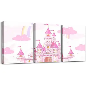 Pink Castle Picture Wall Decor,Rainbow Castle Canvas Wall Art,Princess Bathroom Wall Art,Fairy Tales Wall Painting,12" x 16" 3 Piece Gift Decoration