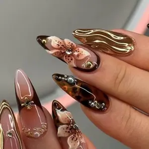 Press On Nails Dragonfly with Pink Flower | 3D Nature Fake Nails in Long Almond | Handmade Spring Nail Art for Holiday, Vacation, Birthday