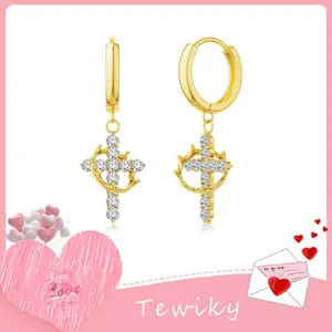 Tewiky Colorful Crown Cross Earrings For Women Dainty CZ Cross Pendant Earrings Hypoallergenic Non Tarnish Earrings Trendy Jewelry Christian Gift For Girls For Christmas Gift trending jewellery For Valentine's Day