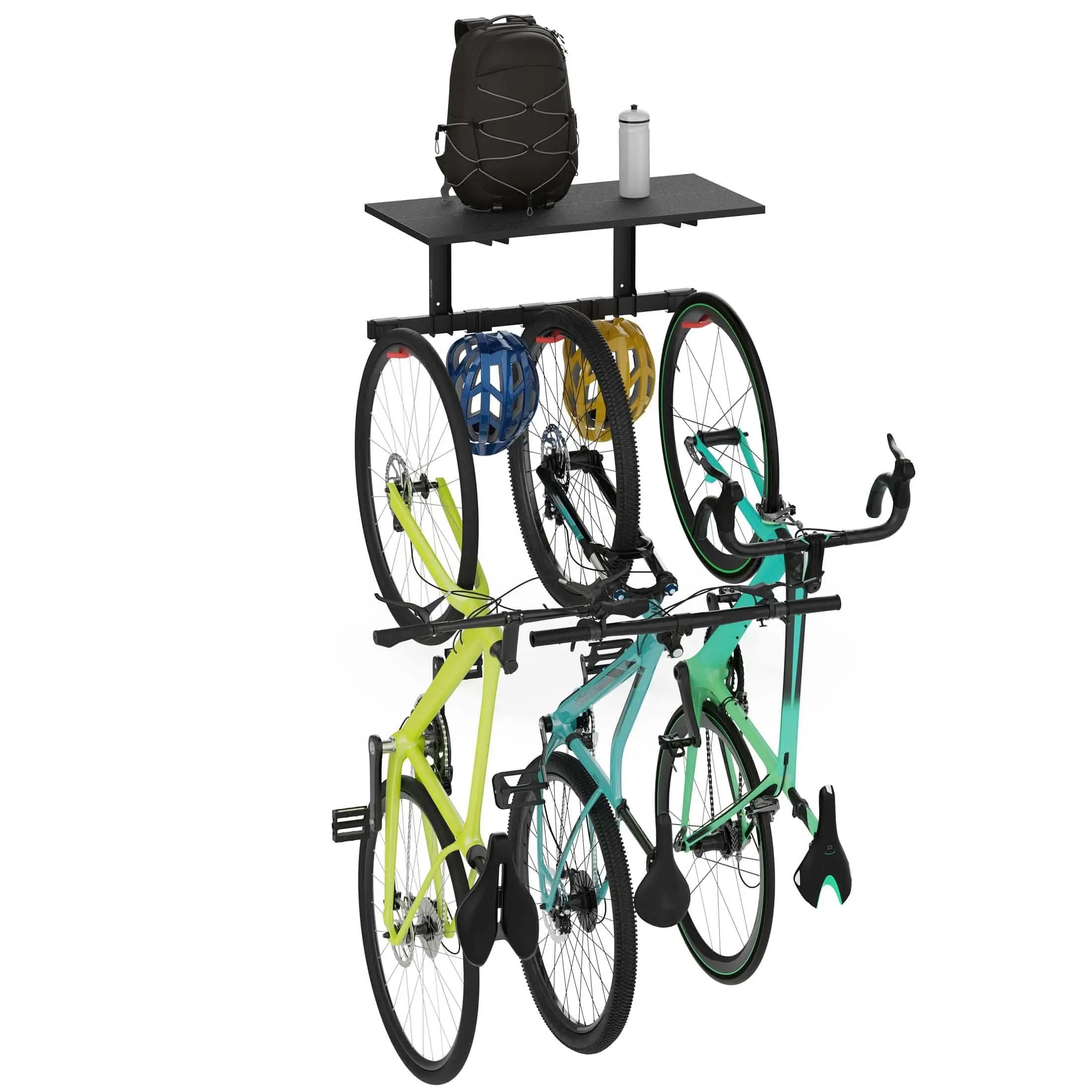Mount-It! Bike Wall Mount with Shelf for 3 Bikes, Adjustable Bike Hanger with Helmet Hooks, Holds 55 lbs Per Bike, Fits 3.5" Tires