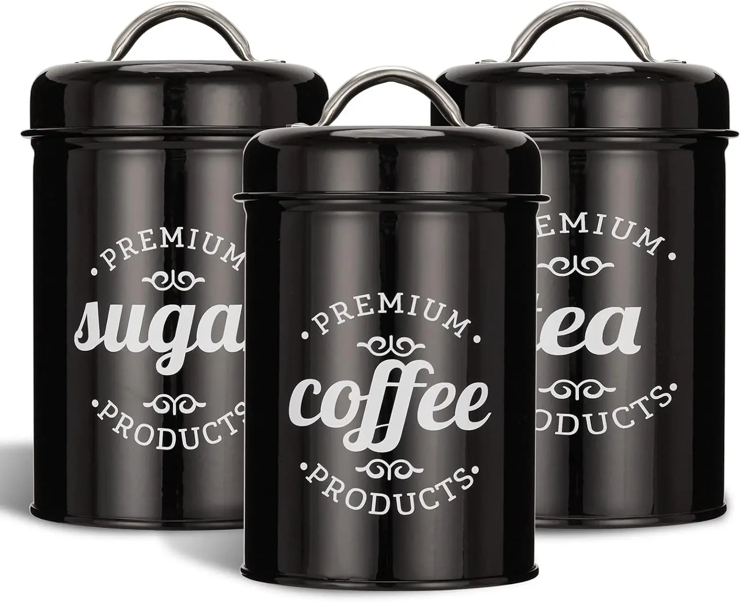 3 Piece Food Jars Canisters Sets, Airtight Coffee Container, Tea Organizer, And Sugar Canister, Rustic Farmhouse Decor for Kitchen Countertop (Black)