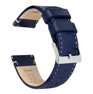 Navy Blue Leather Linen Stitching 16mm Watch Band