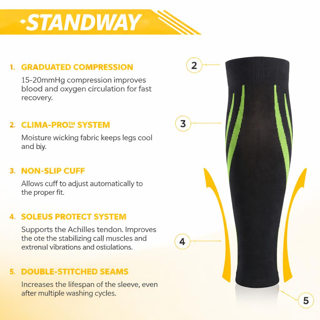 STANDWAY 1 Pair Compression Calf Sleevees（15-20mmhg）For Men & Women Compression Calf Sleeves Support Runners Leg Sleeve Shin Splints Pain Relief