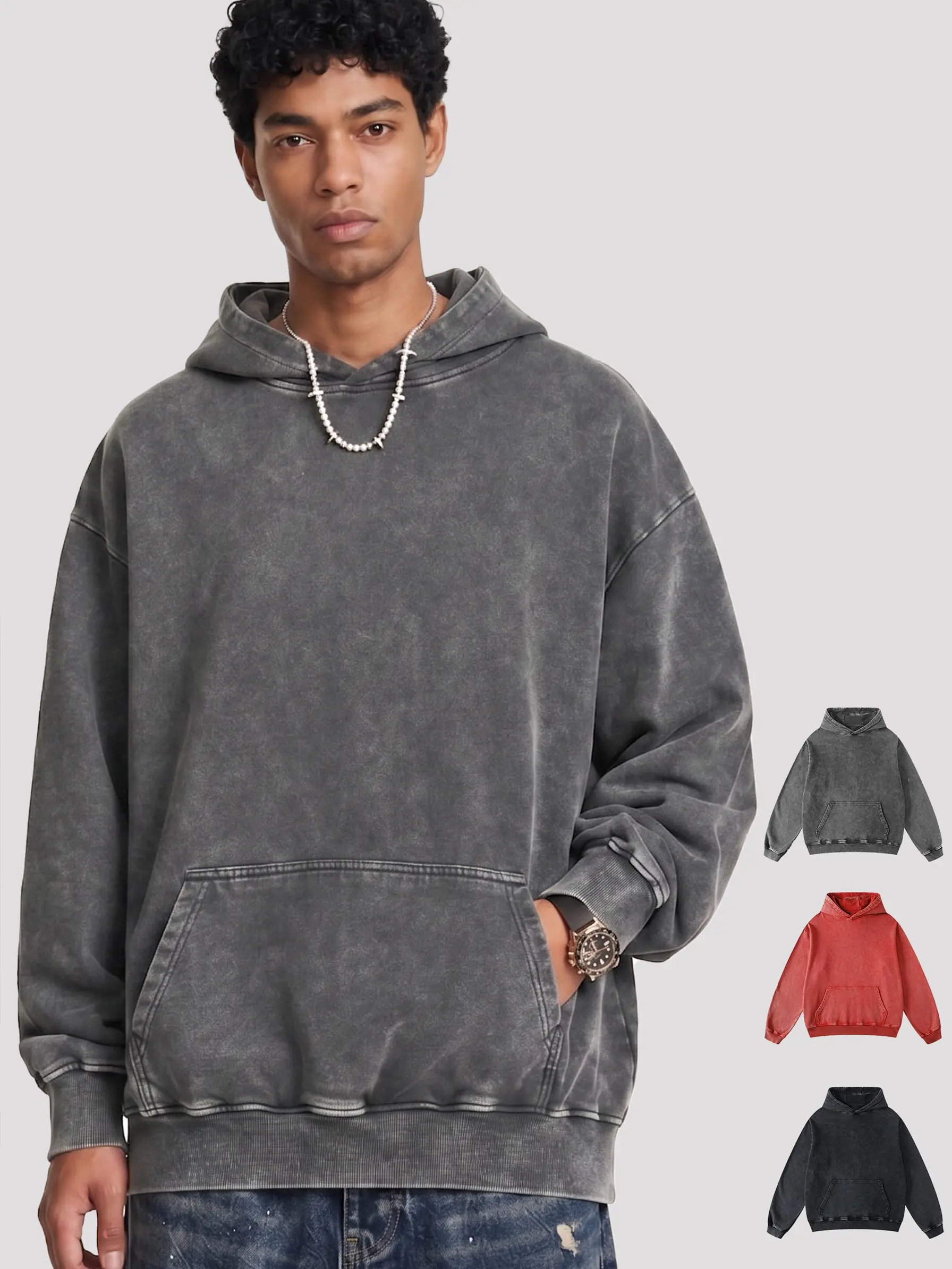 Men's 100% Cotton 420Gsm Heavyweight French Terry Vintage Stone Washed Oversized Hoodie - Casual Ribbed Plain Kangaroo Pocket Longsleeve Drop Shoulder Baggy Pullover Sweatshirt, Breathable Stylish Thick Solid Top