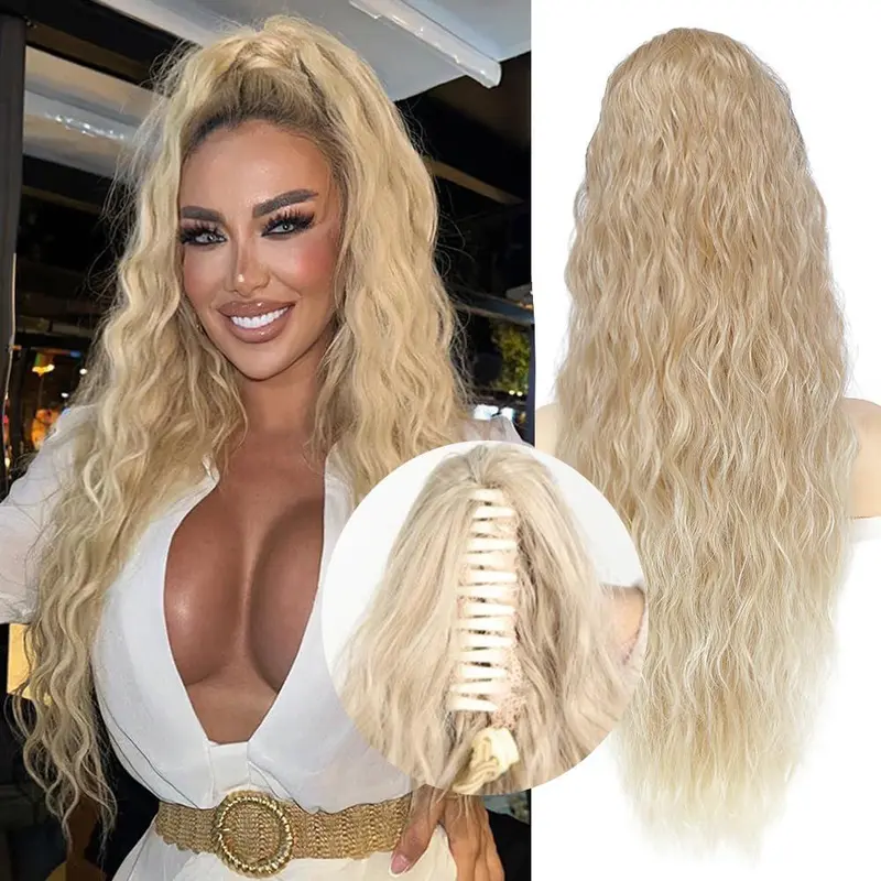 20 Inches Blonde Hair Extensions Clip ins 4Pcs Curly  display picture 3