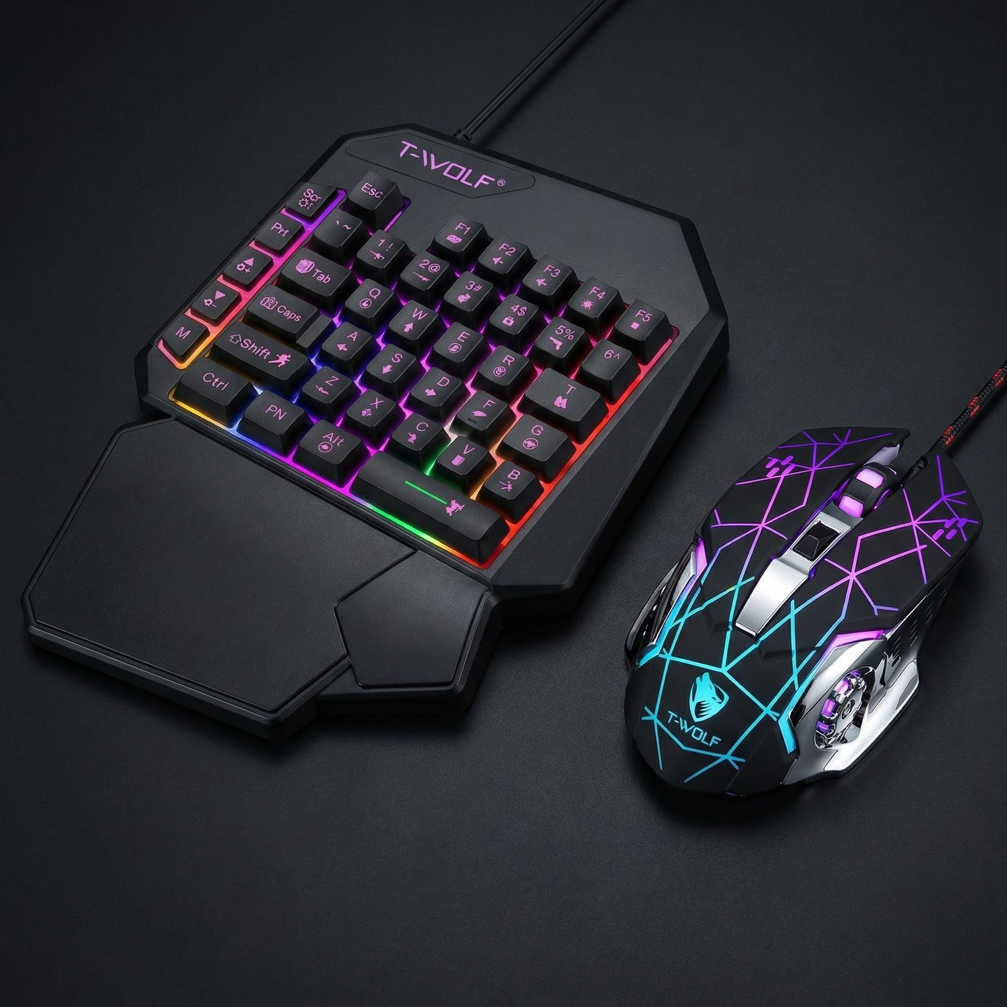 Single-Handed Gaming Keyboard and Mouse Set - 40 Keys Mechanical Feel Mini Keypad with Rainbow Backlight & Ergonomic Wrist Rest - 6 Keys Gamer Mouse 3200DPI for PC, Laptop, FPS Games