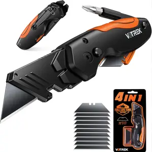VOTREK 4-in-1 Folding Utility Knife with 10 SK5 Blades, Box Cutter with Screwdriver, Pry Bar and Rope Cutter, Quick-Change Retractable Knife with Belt Clip, Gift for Dad