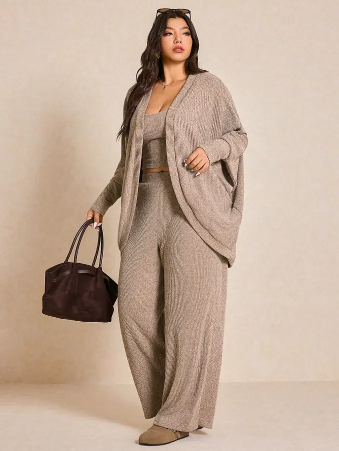 Plus Size Solid Color Minimalist Camisole Top And Loose Long Pants With Long Sleeve Knit Cardigan 3-Piece Set Fall
