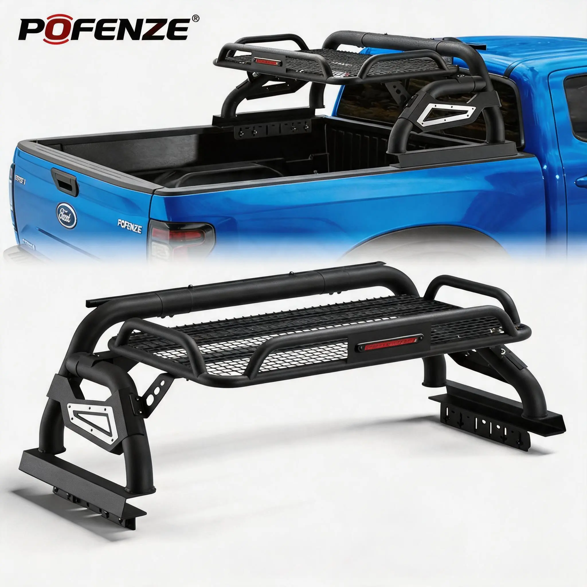 POFENZE-Mestan Heavy-Duty Steel Truck Roll Bar with Cargo Basket, Adjustable Chase Bed Rack, No-Drill Mount Car Organizer for Full-Size Trucks (F-150, Ram 1500, Silverado, Sierra, Tundra, Titan) Car Accessories Car Supplies
